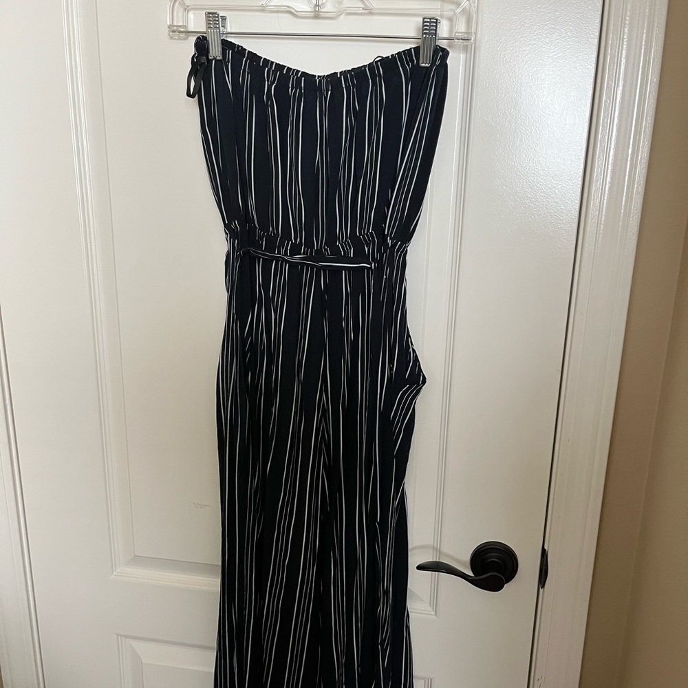 Navy blue & white striped strapless jumpsuit